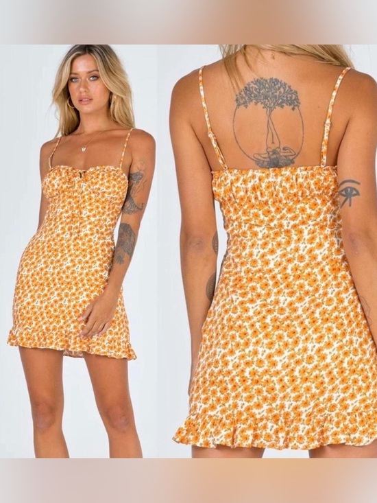 Princess Polly Dresses & Skirts - Princess Polly Missy Mini Dress Size 2 Orange Floral Ruched Cottagecore NWT